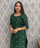 Dark Green Color Premium Raw Silk Kurti with Cotton Lining and Pocket / RS001