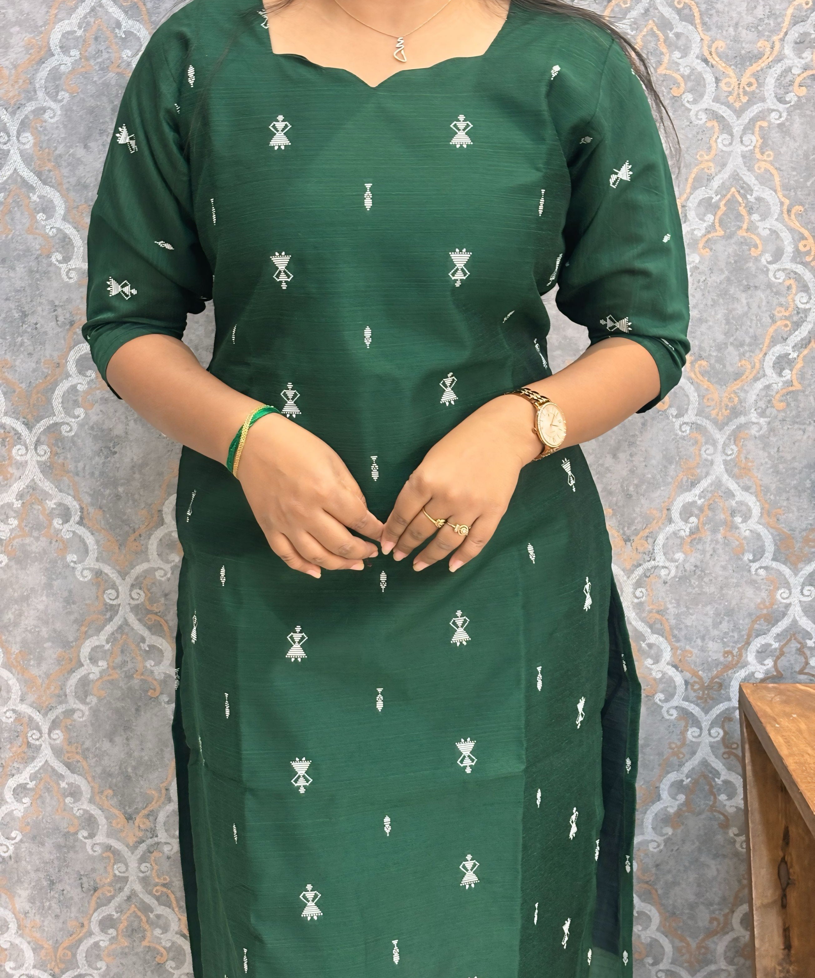 Dark Green Color Premium Raw Silk Kurti with Cotton Lining and Pocket / RS001
