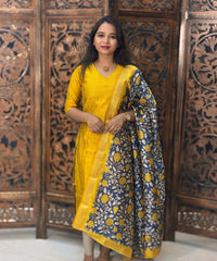 Yellow and Blue Color Premium Raw Silk Kurti and Kalamkari Inspired Dupatta / LSS203