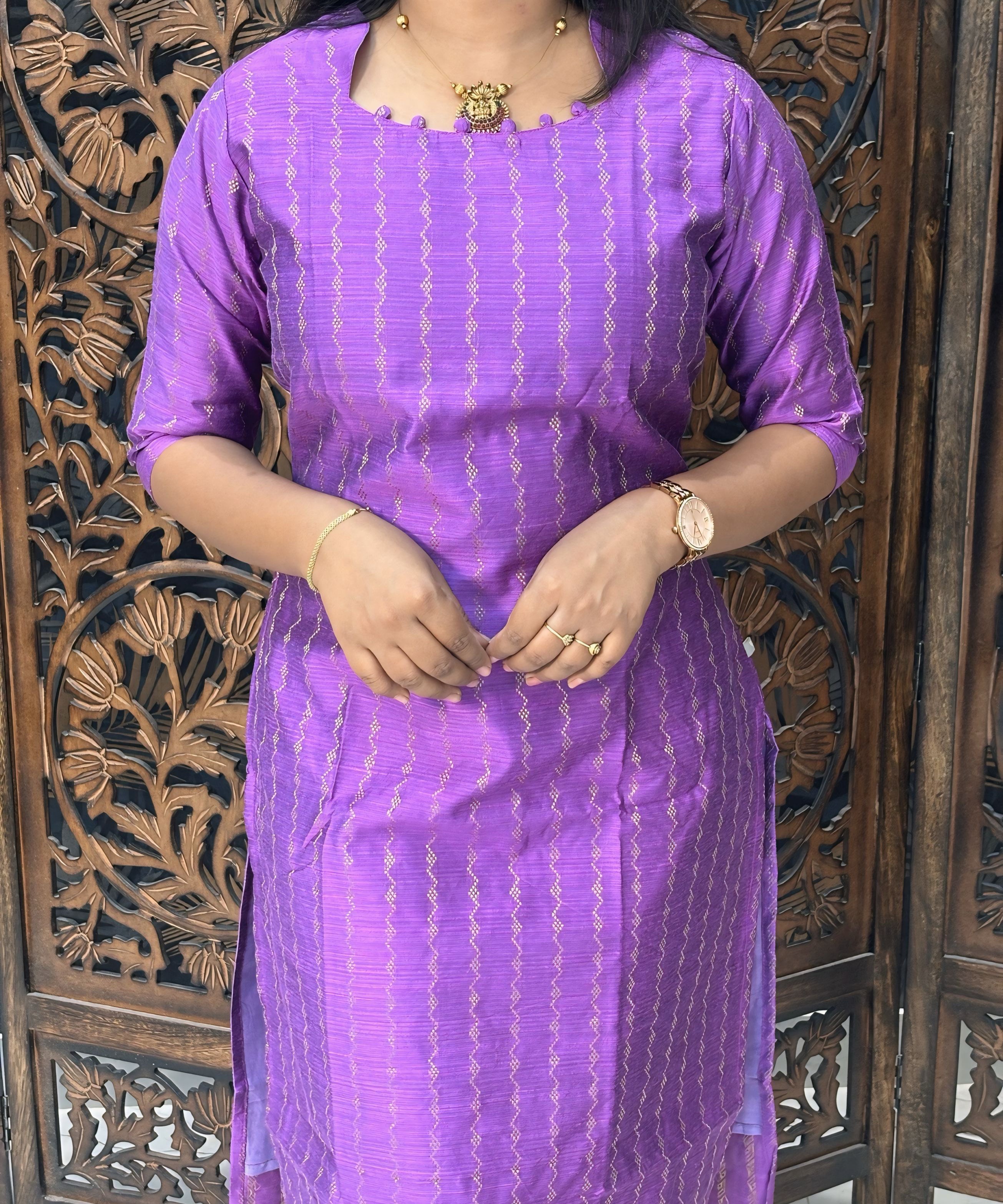 Purple and Beige Color Premium Raw Silk Kurti and Kalamkari Inspired Dupatta / LSS203