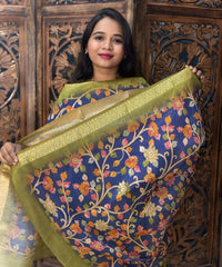 Mehandi Green and Blue Color Premium Raw Silk V Neck Kurti and Kalamkari Inspired Dupatta / LSS203