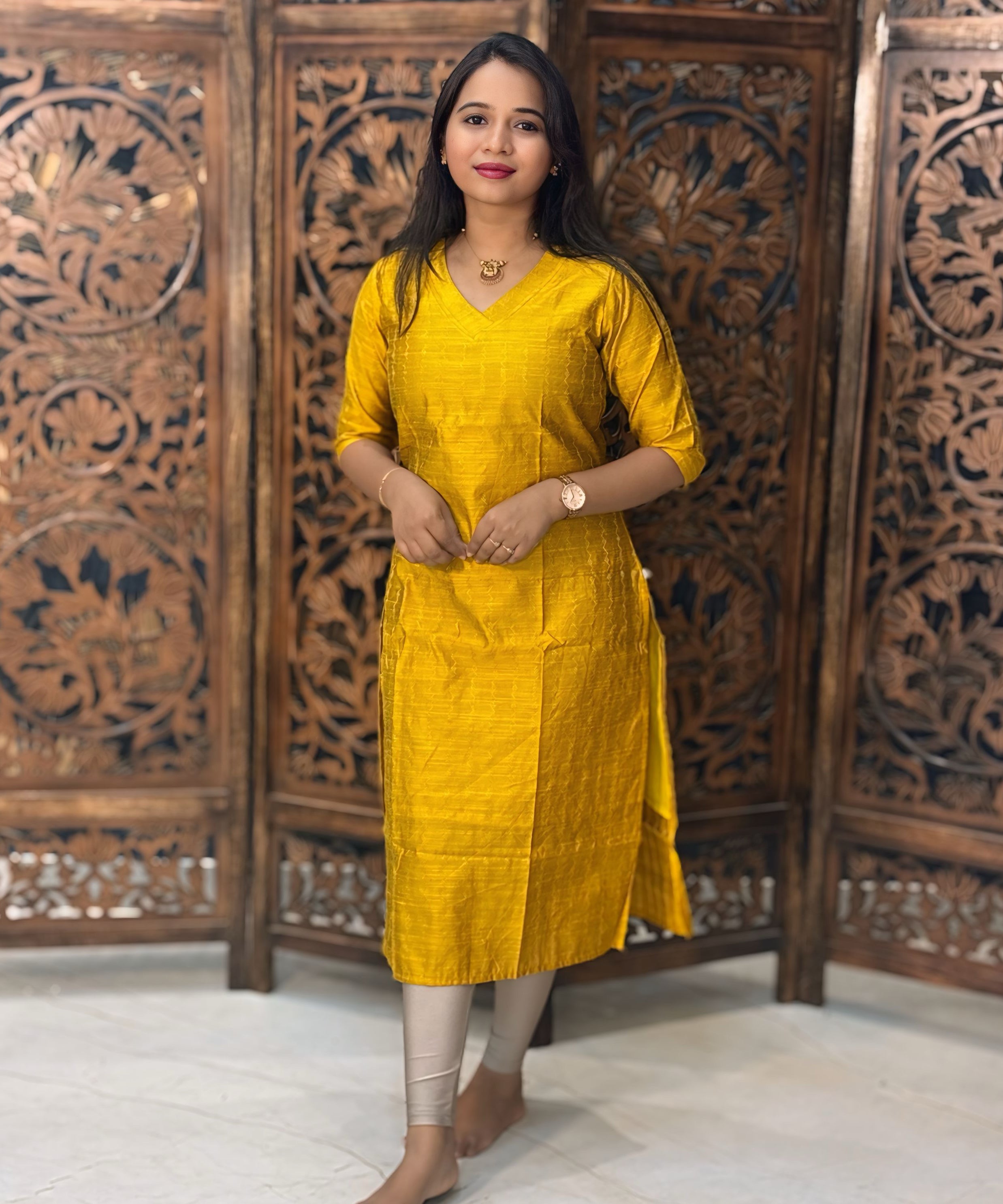 Yellow and Blue Color Premium Raw Silk Kurti and Kalamkari Inspired Dupatta / LSS203
