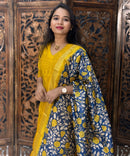 Yellow and Blue Color Premium Raw Silk Kurti and Kalamkari Inspired Dupatta / LSS203