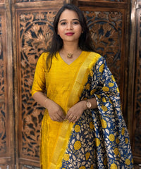 Yellow and Blue Color Premium Raw Silk Kurti and Kalamkari Inspired Dupatta / LSS203