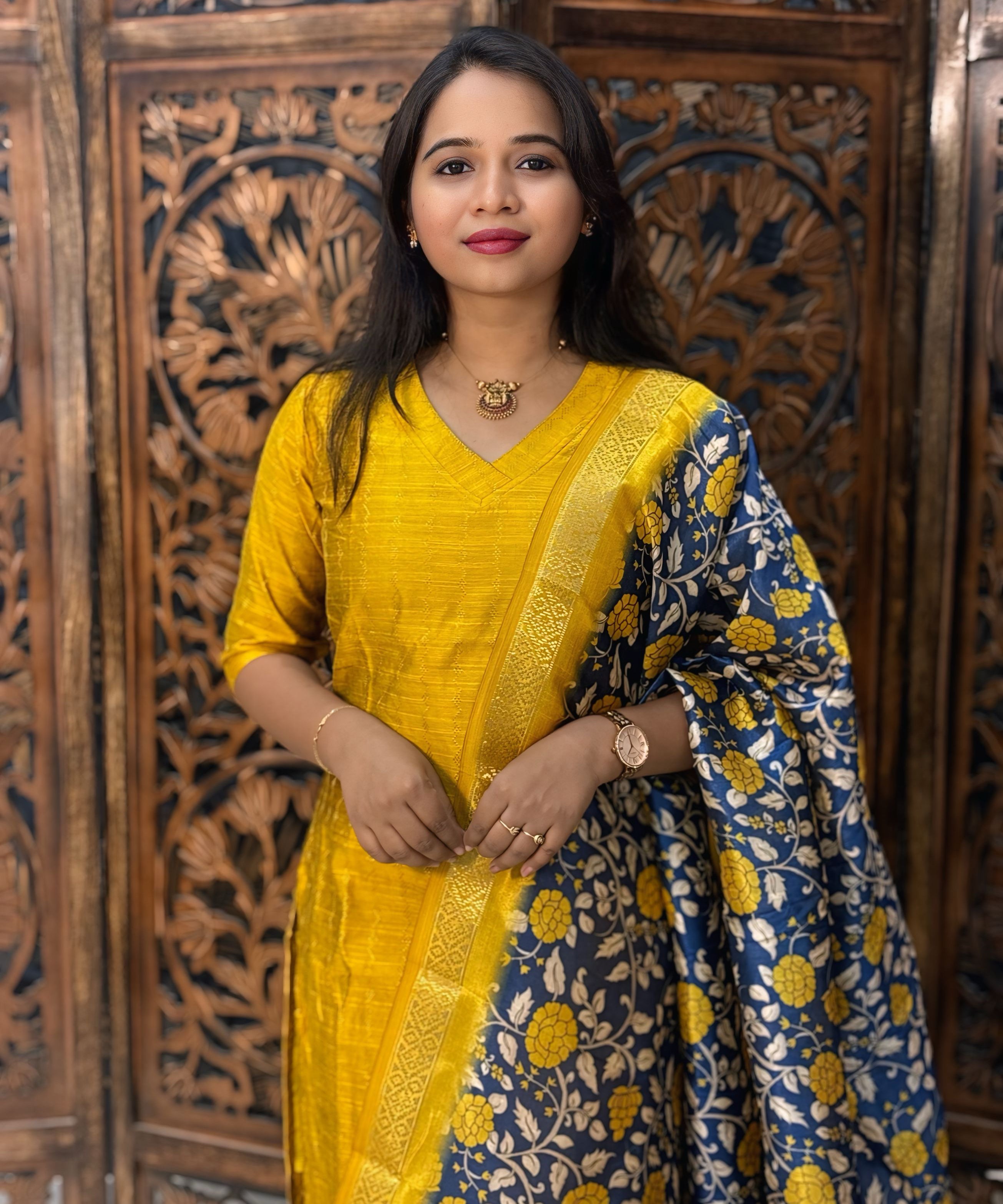 Yellow and Blue Color Premium Raw Silk Kurti and Kalamkari Inspired Dupatta / LSS203