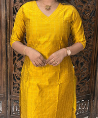 Yellow and Blue Color Premium Raw Silk Kurti and Kalamkari Inspired Dupatta / LSS203