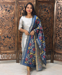 Silver and Blue Color Premium Raw Silk Kurti and Kalamkari Inspired Dupatta / LSS203
