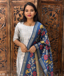 Silver and Blue Color Premium Raw Silk Kurti and Kalamkari Inspired Dupatta / LSS203