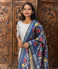 Silver and Blue Color Premium Raw Silk Kurti and Kalamkari Inspired Dupatta / LSS203