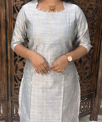 Silver and Blue Color Premium Raw Silk Kurti and Kalamkari Inspired Dupatta / LSS203