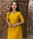 Yellow and Blue Color Premium Raw Silk Kurti and Kalamkari Inspired Dupatta / LSS203