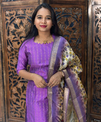Purple and Beige Color Premium Raw Silk Kurti and Kalamkari Inspired Dupatta / LSS203