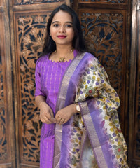 Purple and Beige Color Premium Raw Silk Kurti and Kalamkari Inspired Dupatta / LSS203