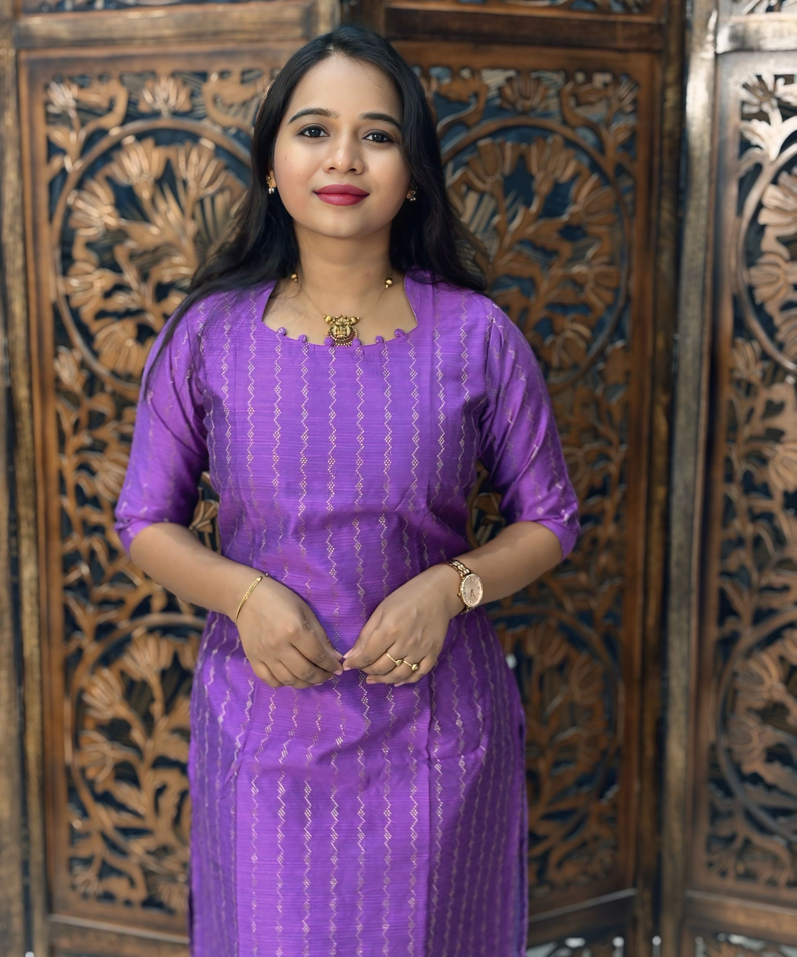 Purple and Beige Color Premium Raw Silk Kurti and Kalamkari Inspired Dupatta / LSS203