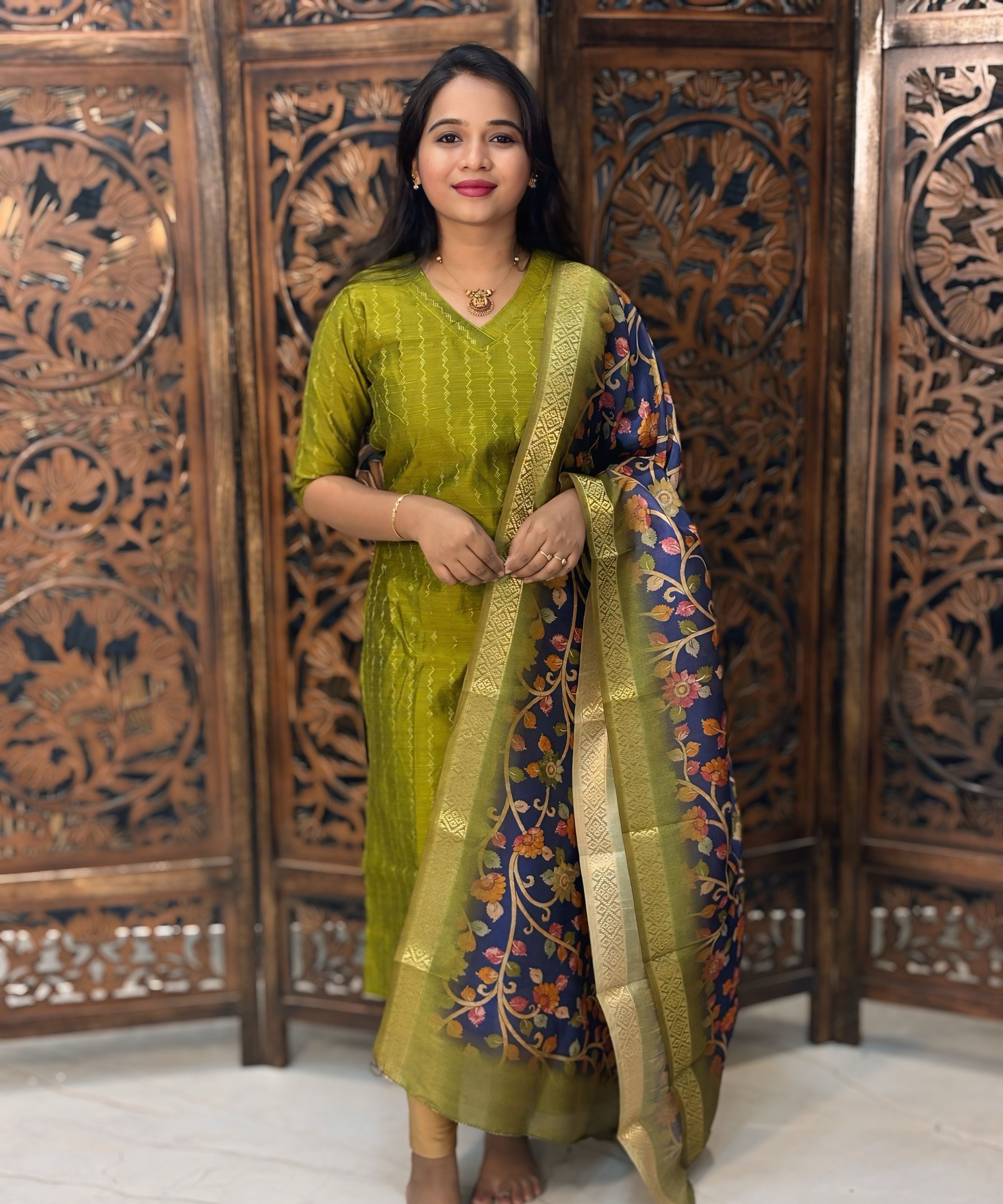 Mehandi Green and Blue Color Premium Raw Silk V Neck Kurti and Kalamkari Inspired Dupatta / LSS203
