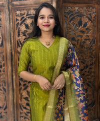 Mehandi Green and Blue Color Premium Raw Silk V Neck Kurti and Kalamkari Inspired Dupatta / LSS203