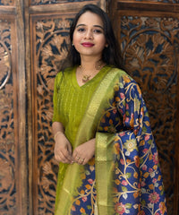 Mehandi Green and Blue Color Premium Raw Silk V Neck Kurti and Kalamkari Inspired Dupatta / LSS203