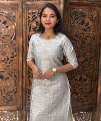 Silver and Blue Color Premium Raw Silk Kurti and Kalamkari Inspired Dupatta / LSS203