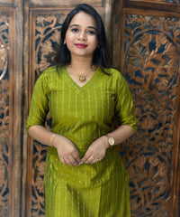 Mehandi Green and Blue Color Premium Raw Silk V Neck Kurti and Kalamkari Inspired Dupatta / LSS203