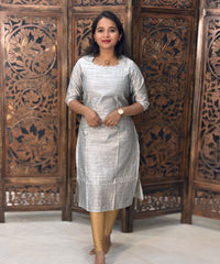 Silver and Blue Color Premium Raw Silk Kurti and Kalamkari Inspired Dupatta / LSS203