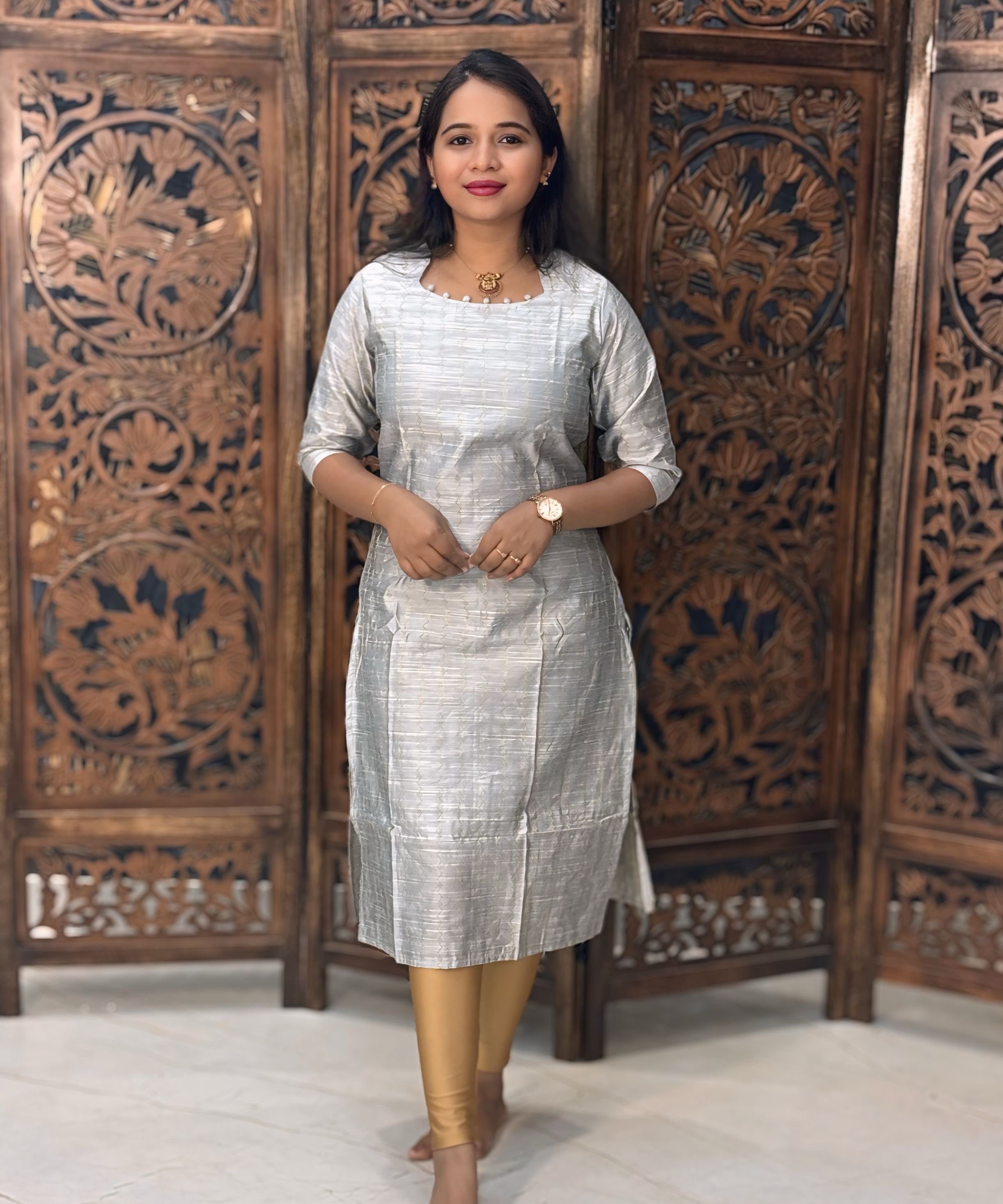 Silver and Blue Color Premium Raw Silk Kurti and Kalamkari Inspired Dupatta / LSS203