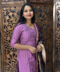 Violet and Black Color Premium Raw Silk Kurti and Kalamkari Inspired Dupatta / LSS203