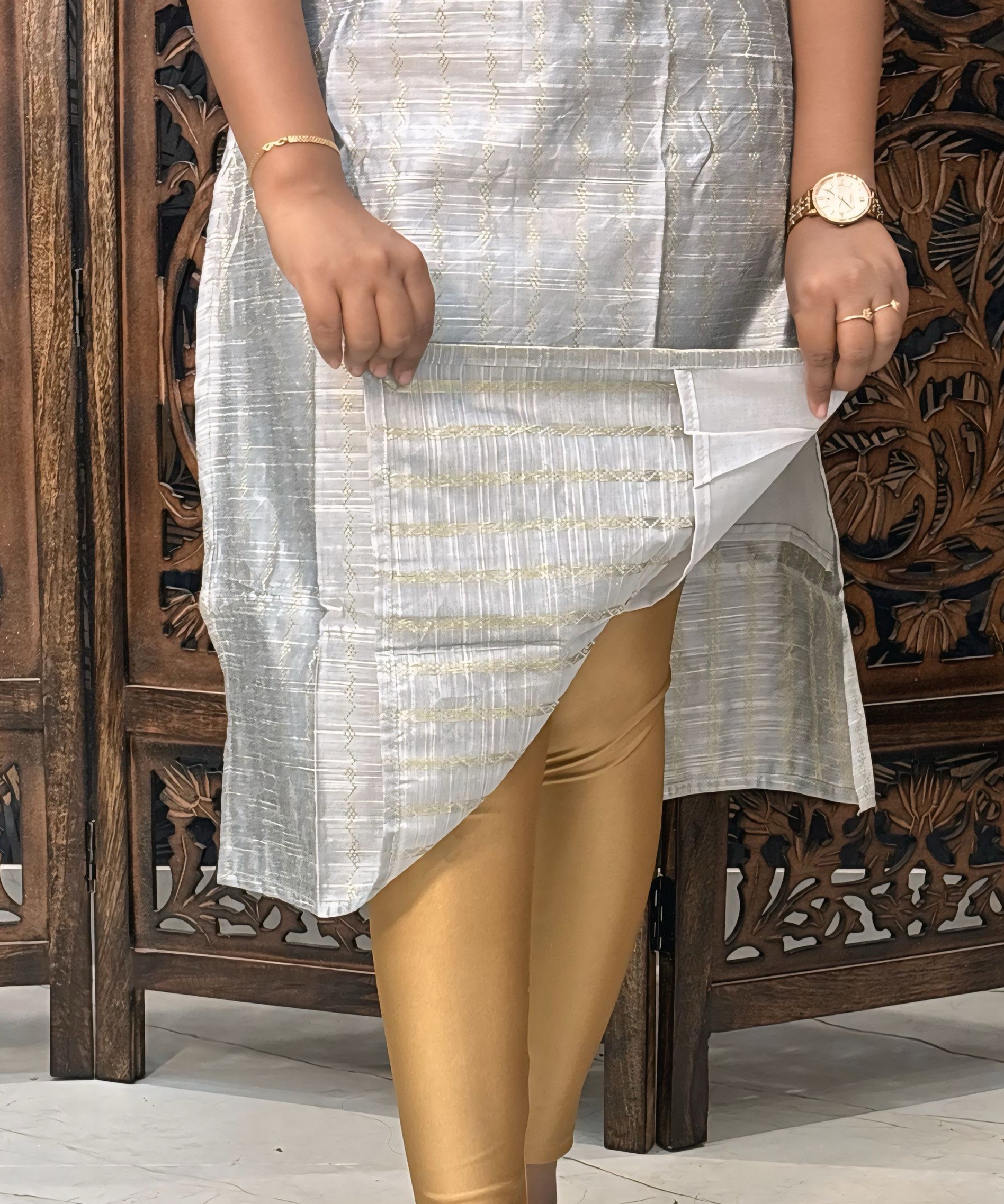 Silver and Blue Color Premium Raw Silk Kurti and Kalamkari Inspired Dupatta / LSS203