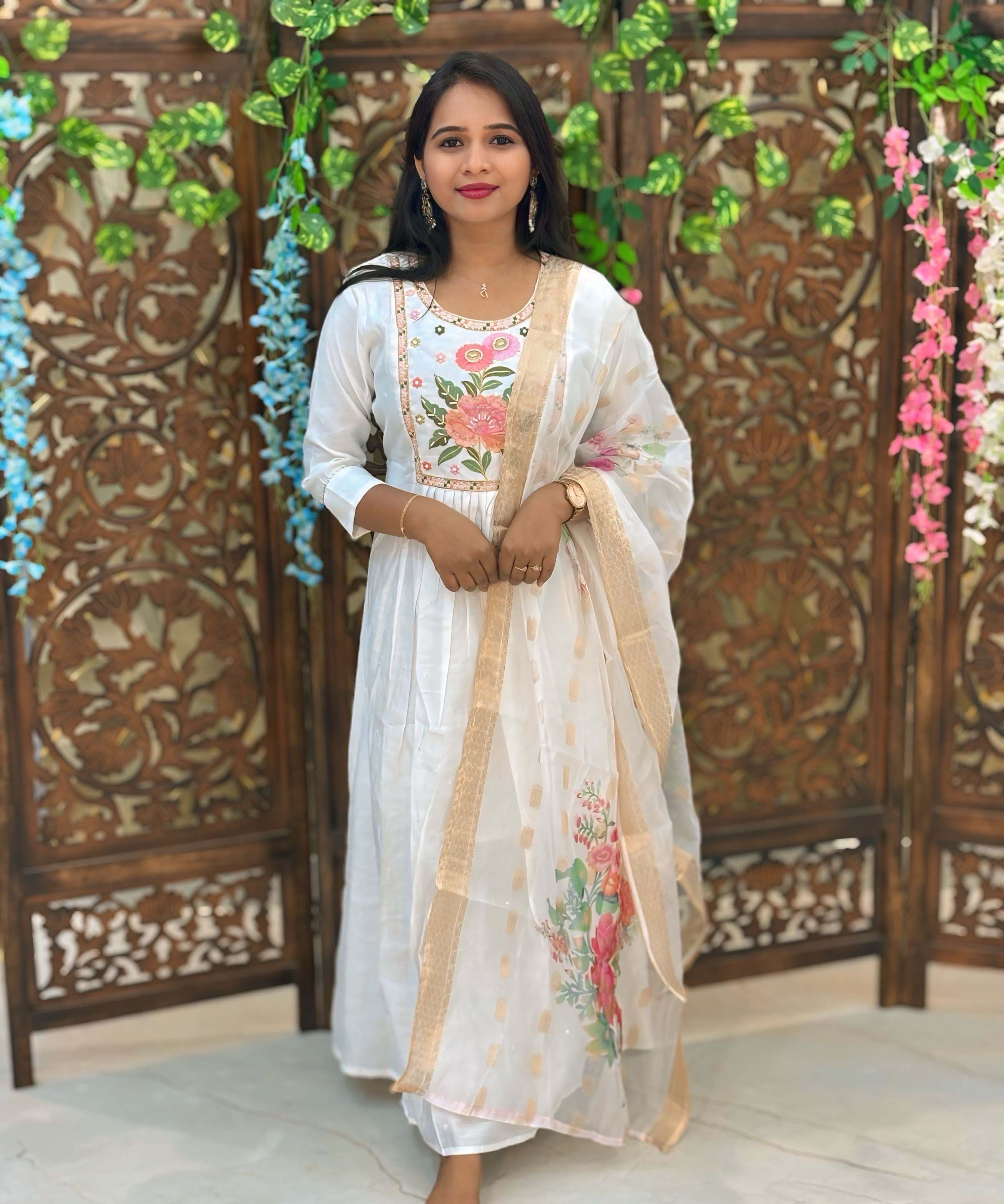 White Color Premium Roman Silk Anarkali and Organza Dupatta / ESS319