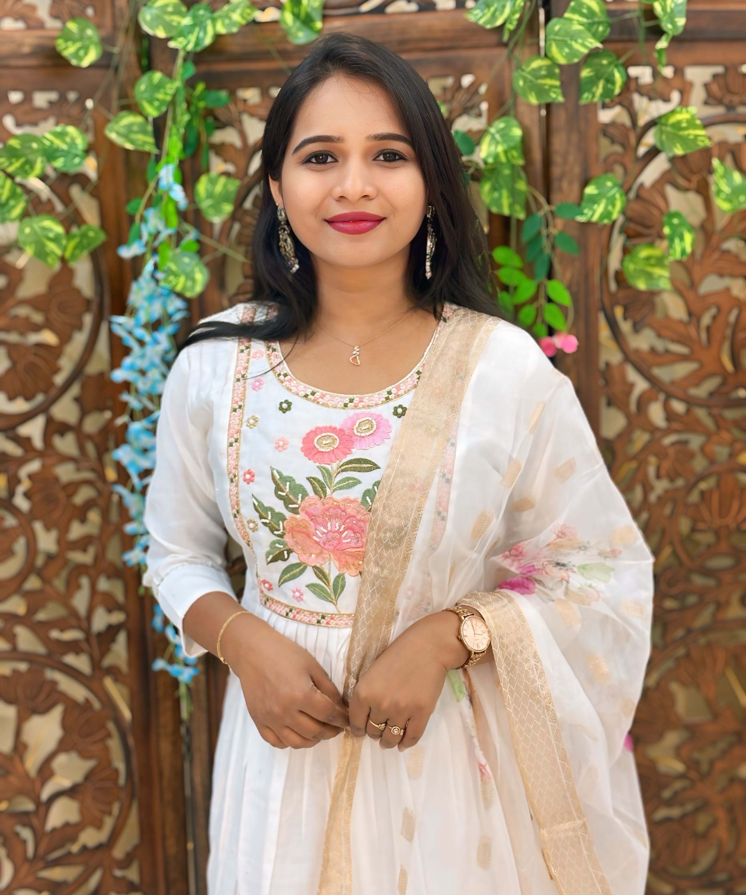 White Color Premium Roman Silk Anarkali and Organza Dupatta / ESS319
