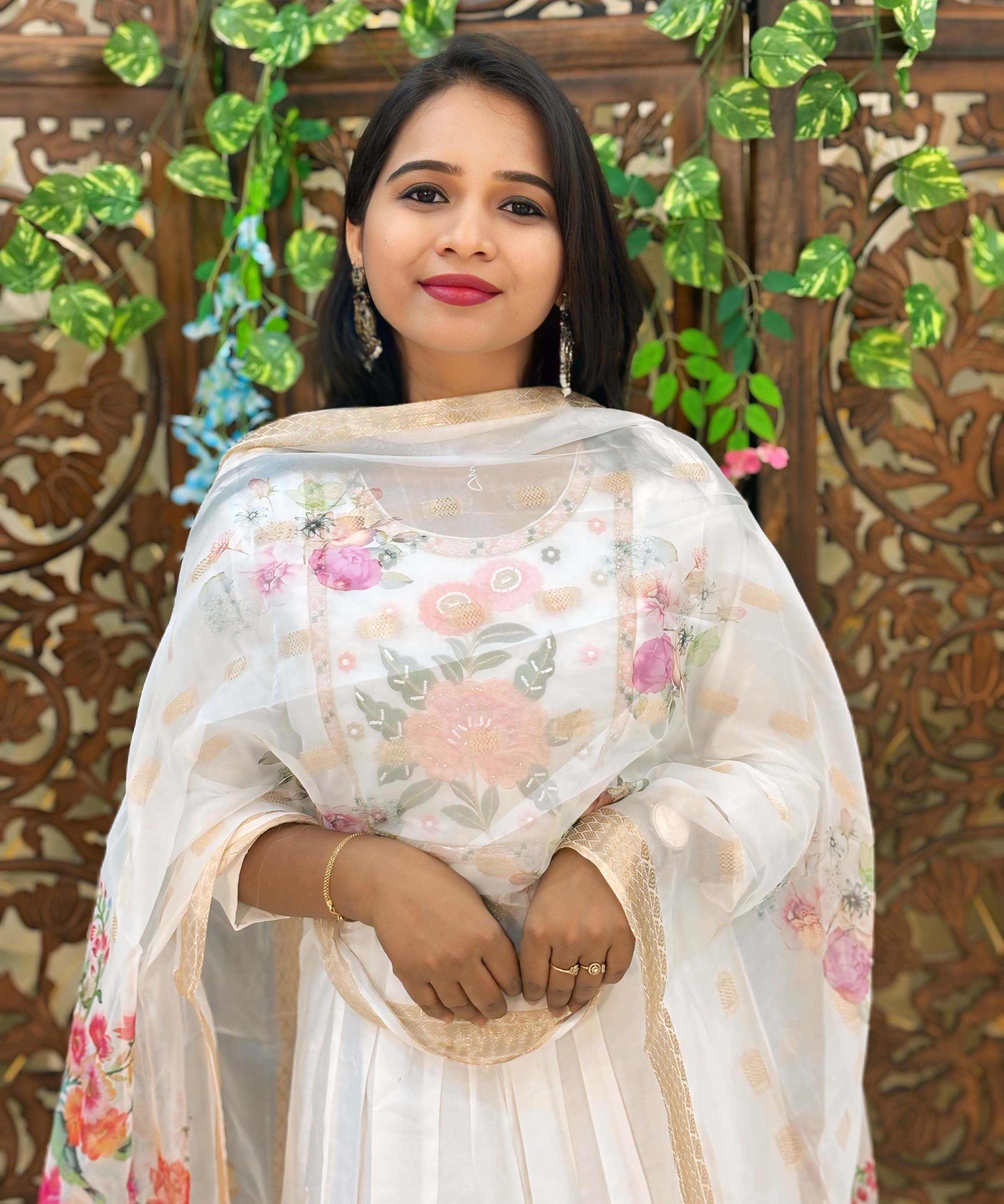 White Color Premium Roman Silk Anarkali and Organza Dupatta / ESS319