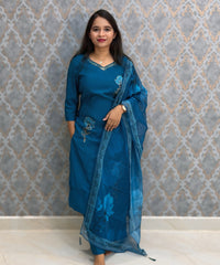 Teal Blue Color Premium Roman Silk Designer 3 Piece Salwar Set with Lining and Pocket /  LSS235