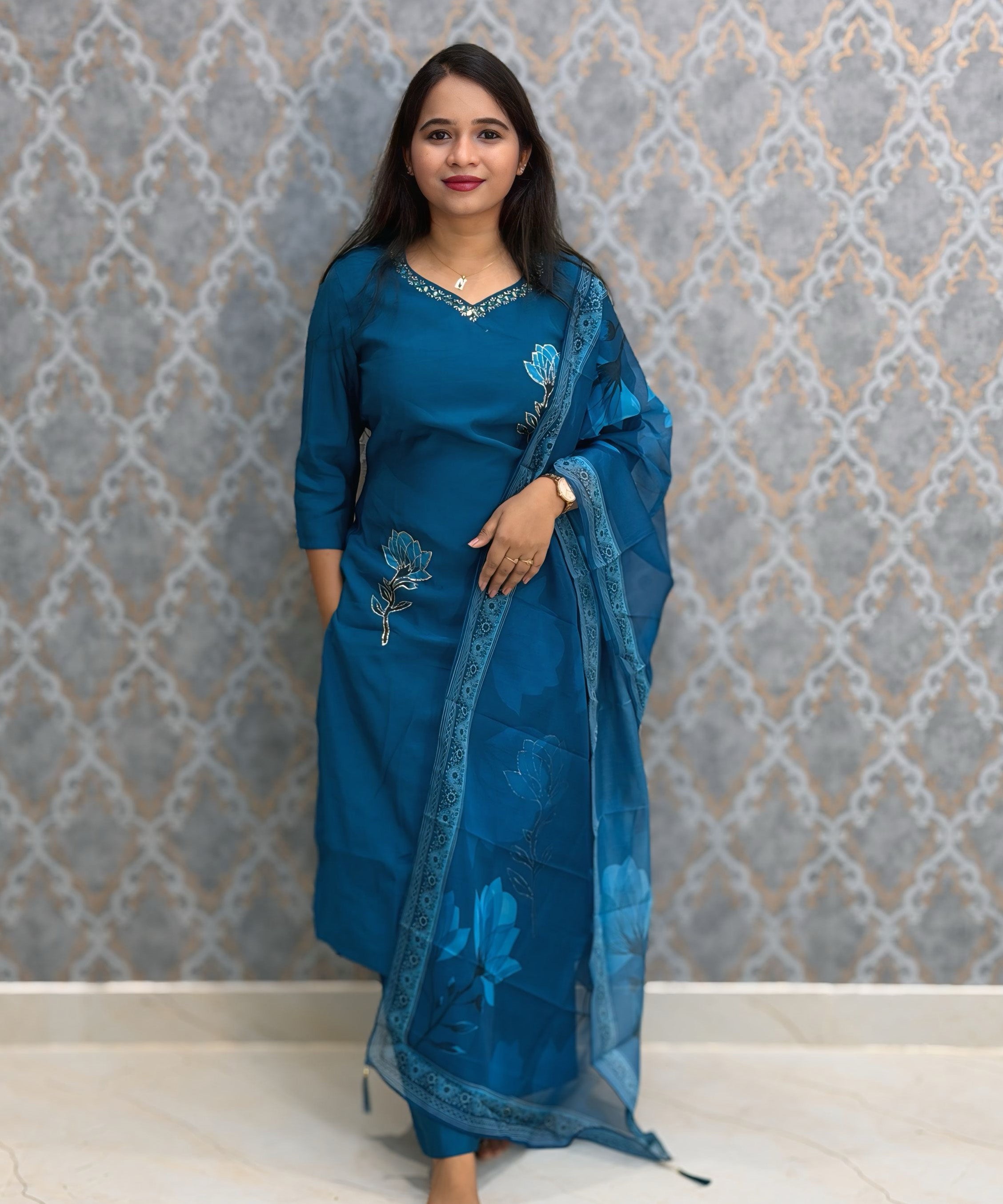 Teal Blue Color Premium Roman Silk Designer 3 Piece Salwar Set with Lining and Pocket /  LSS235