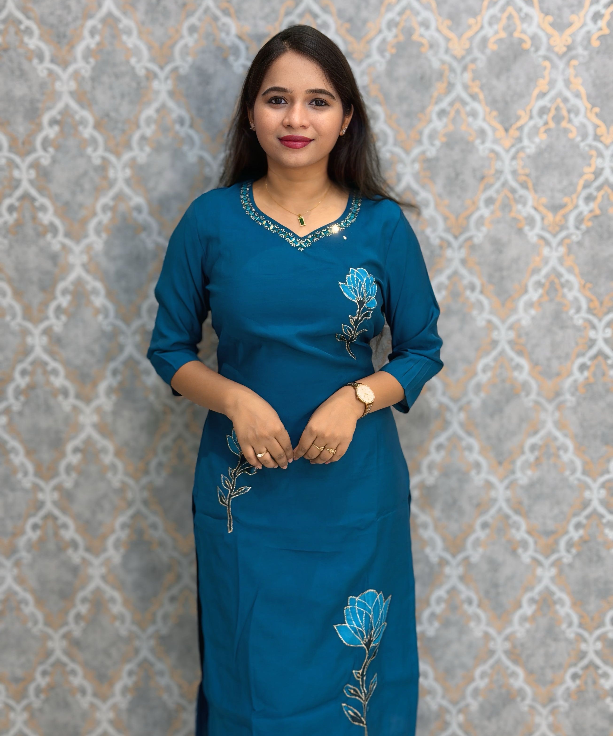 Teal Blue Color Premium Roman Silk Designer 3 Piece Salwar Set with Lining and Pocket /  LSS235