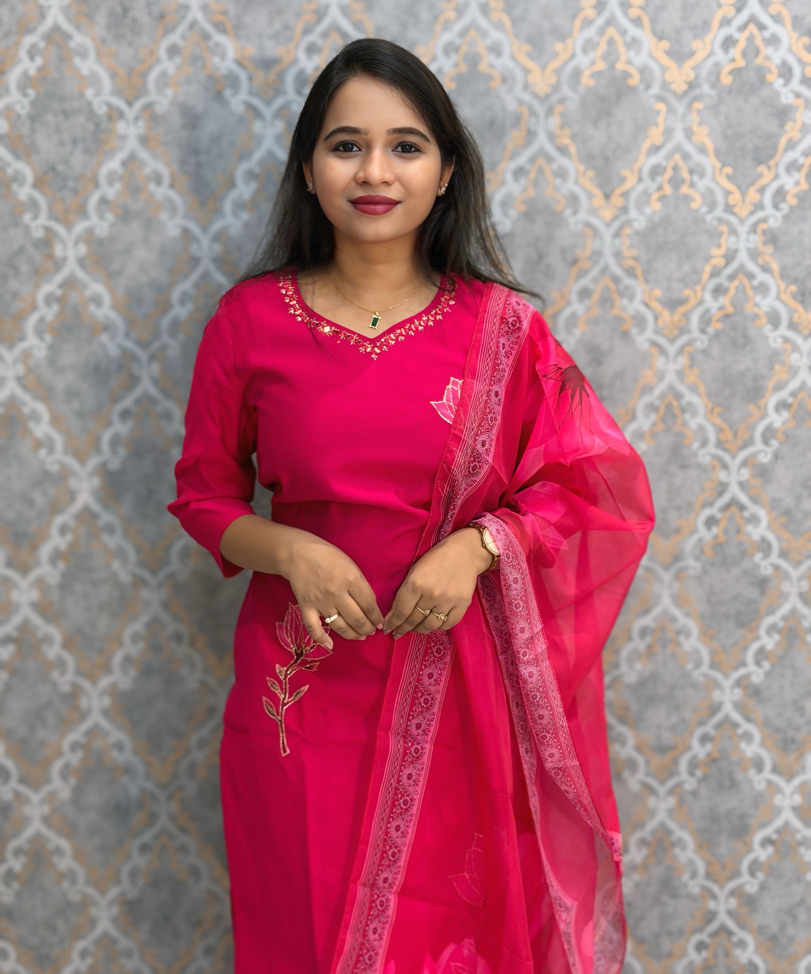 Dark Pink Color Premium Roman Silk Designer 3 Piece Salwar Set with Lining and Pocket /  LSS235
