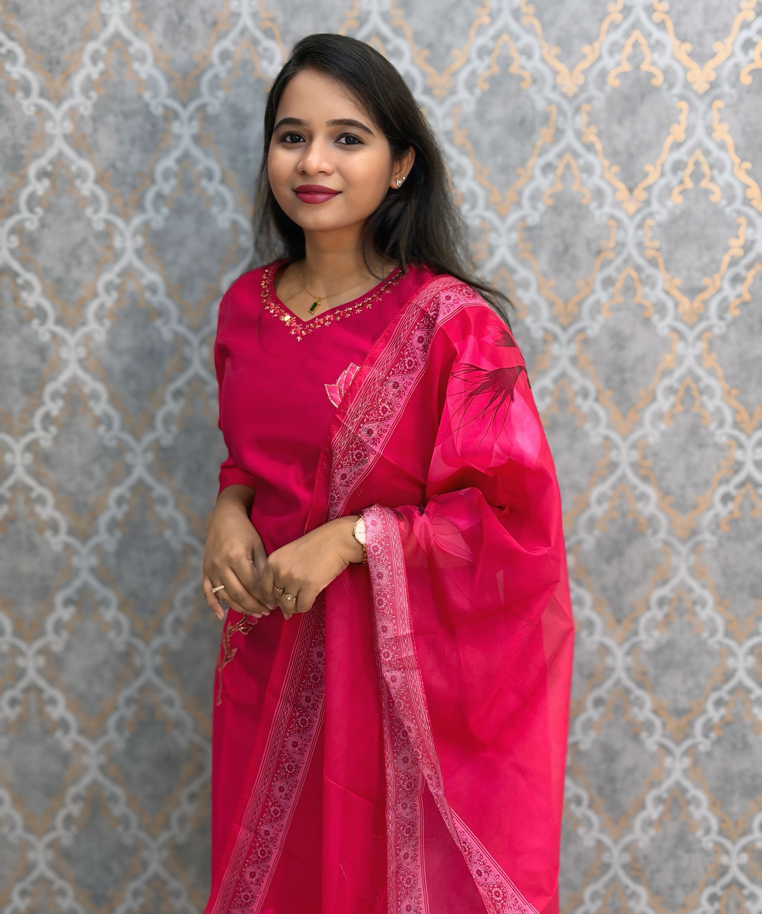 Dark Pink Color Premium Roman Silk Designer 3 Piece Salwar Set with Lining and Pocket /  LSS235