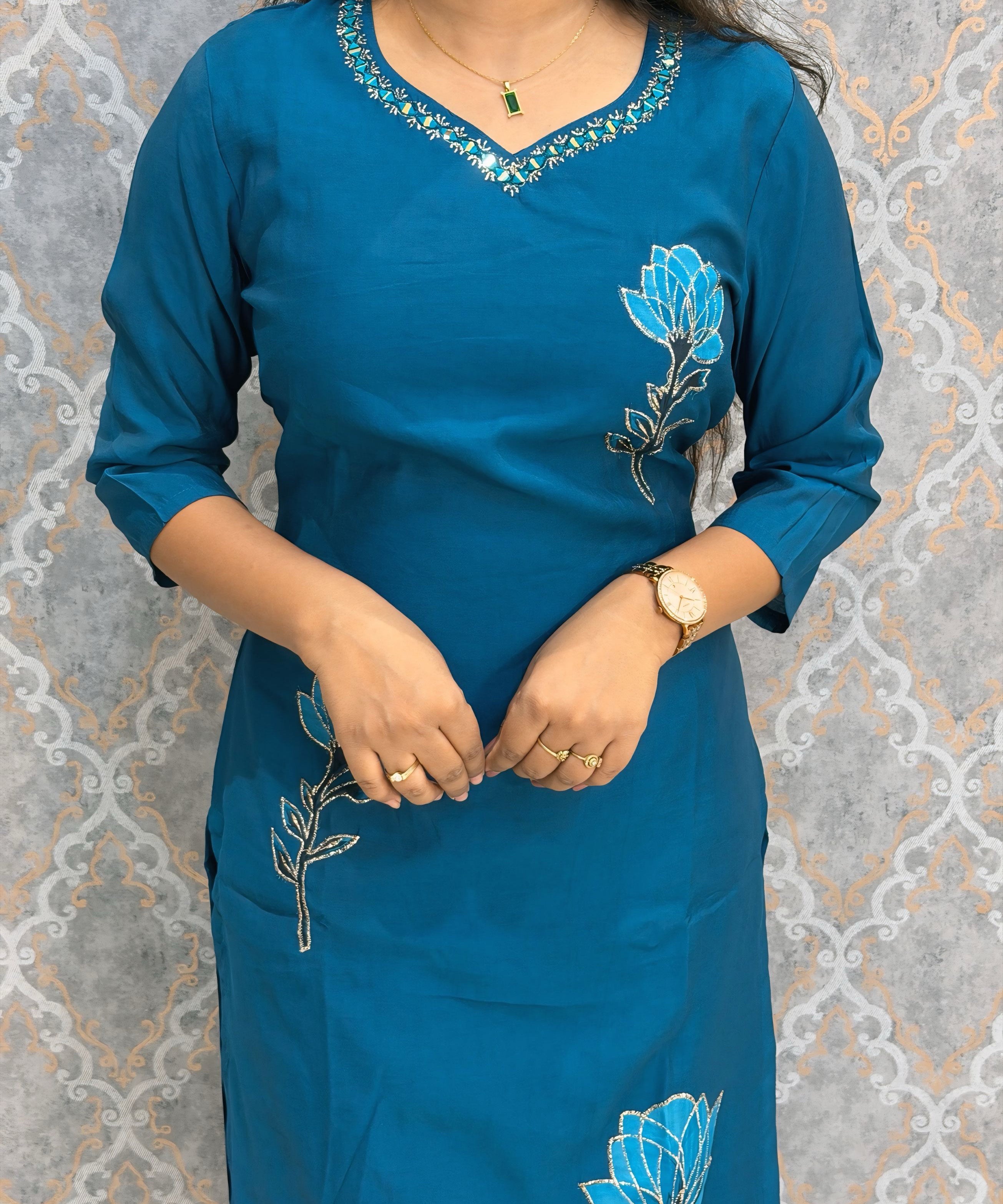 Teal Blue Color Premium Roman Silk Designer 3 Piece Salwar Set with Lining and Pocket /  LSS235