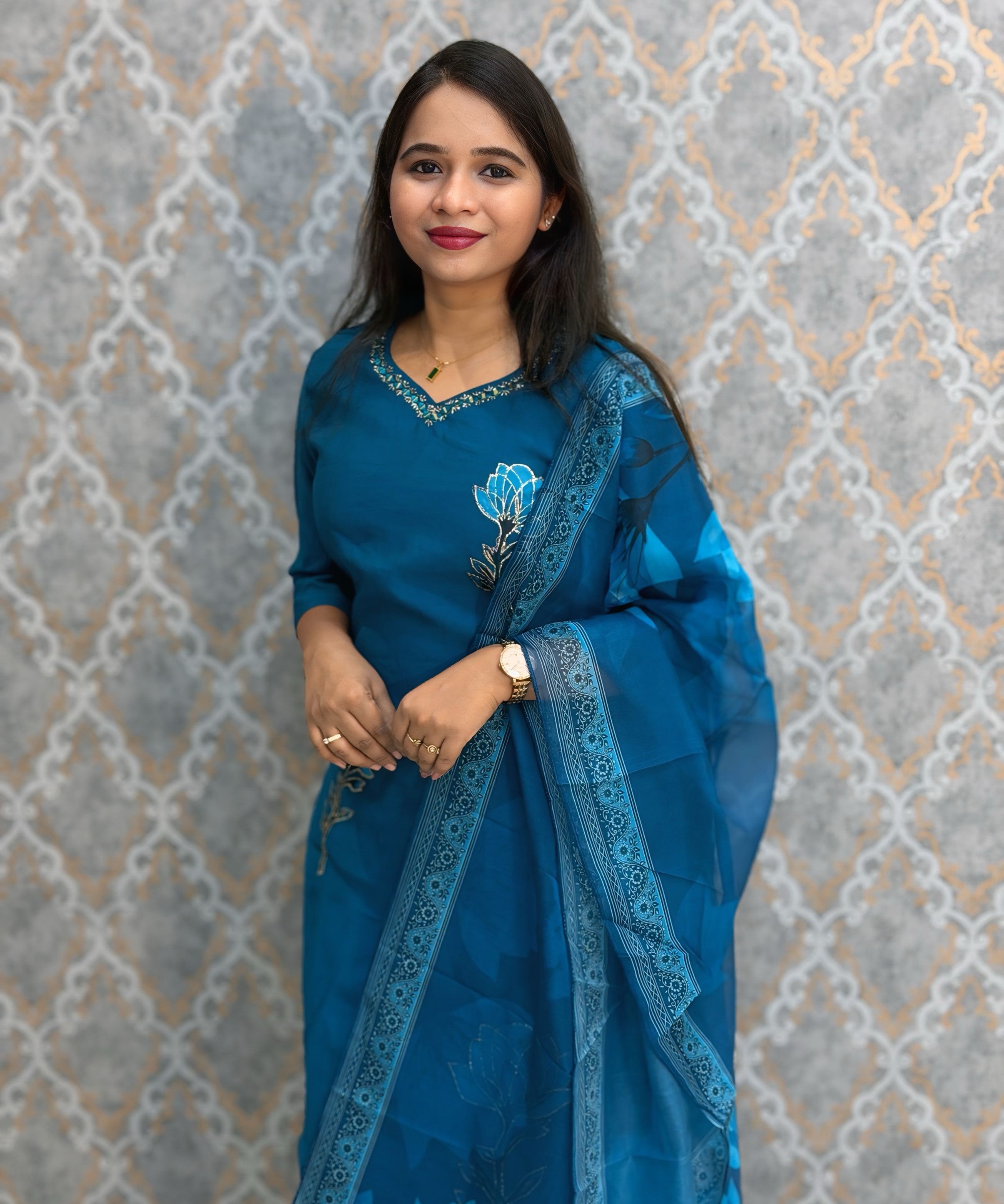 Teal Blue Color Premium Roman Silk Designer 3 Piece Salwar Set with Lining and Pocket /  LSS235