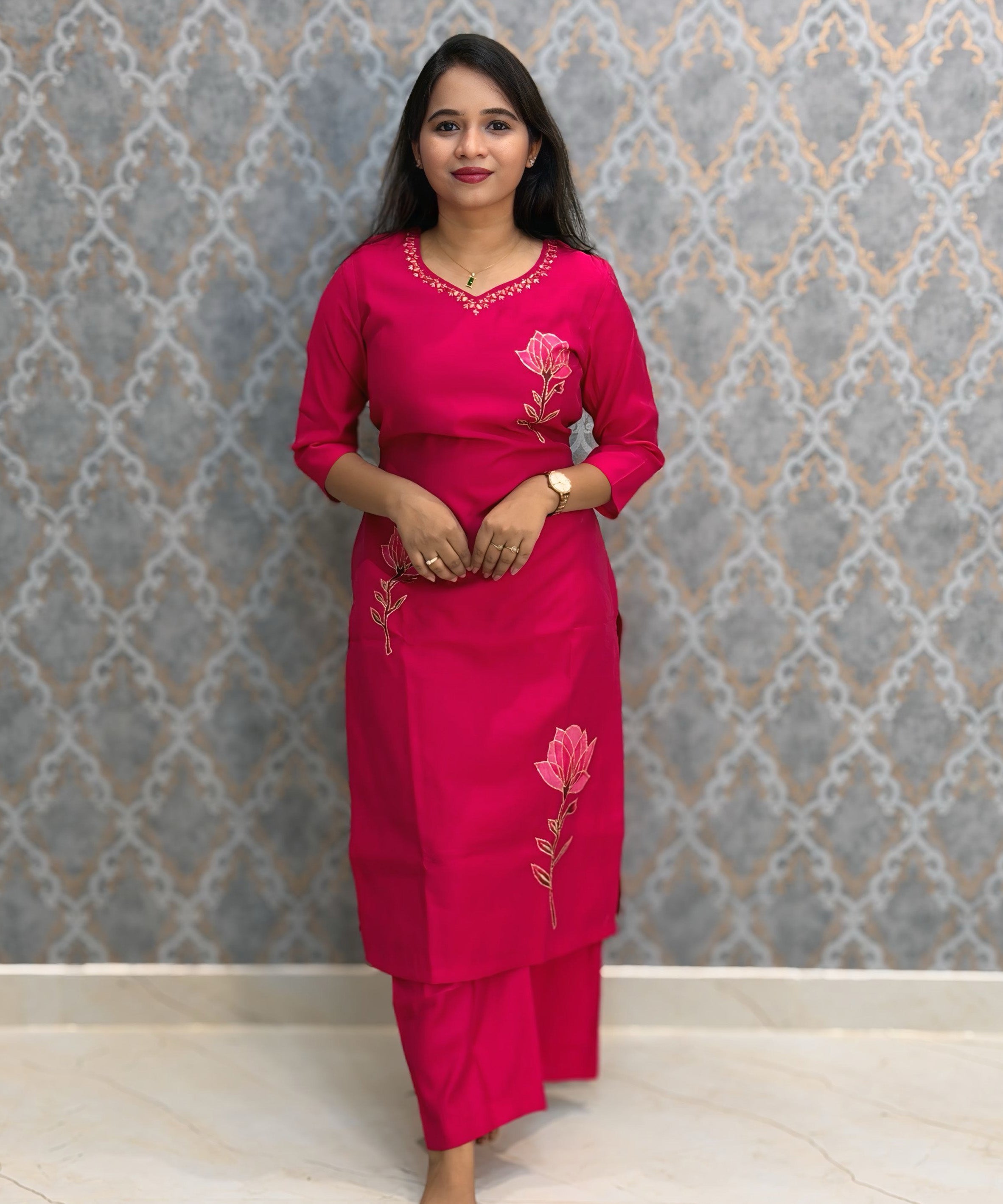 Dark Pink Color Premium Roman Silk Designer 3 Piece Salwar Set with Lining and Pocket /  LSS235