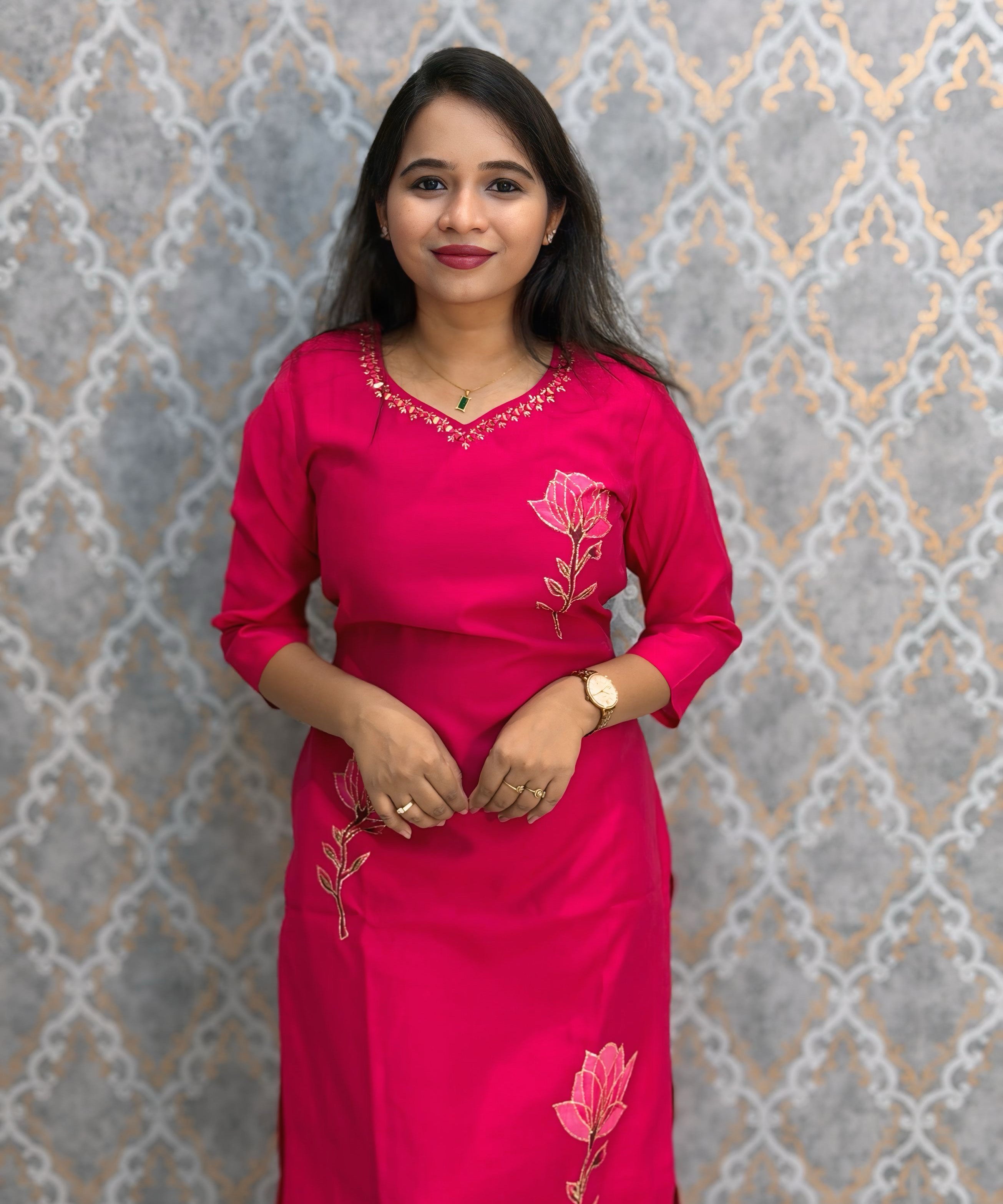 Dark Pink Color Premium Roman Silk Designer 3 Piece Salwar Set with Lining and Pocket /  LSS235