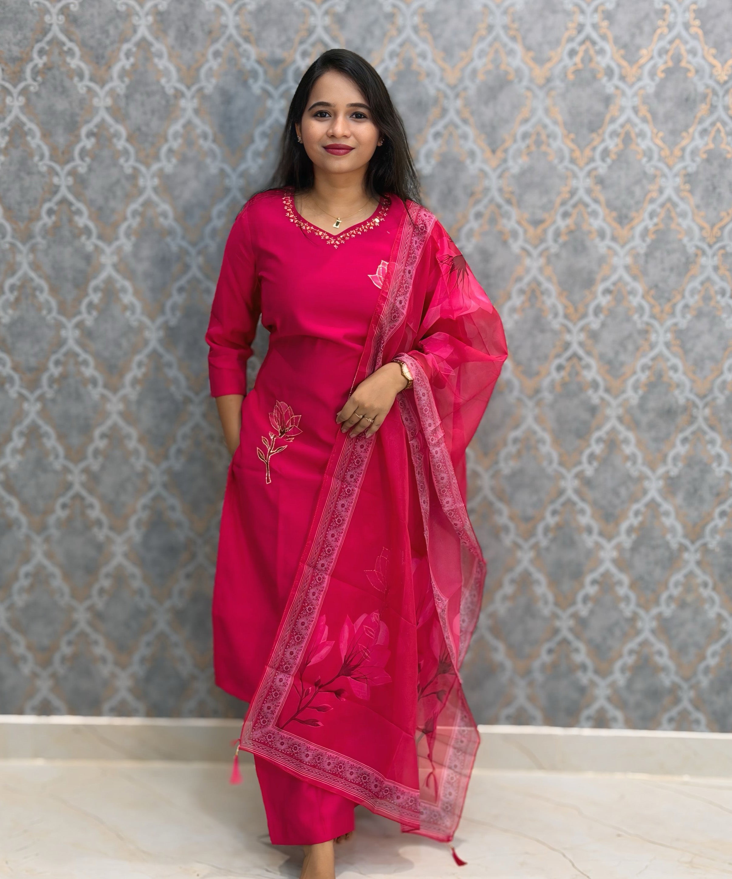 Dark Pink Color Premium Roman Silk Designer 3 Piece Salwar Set with Lining and Pocket /  LSS235