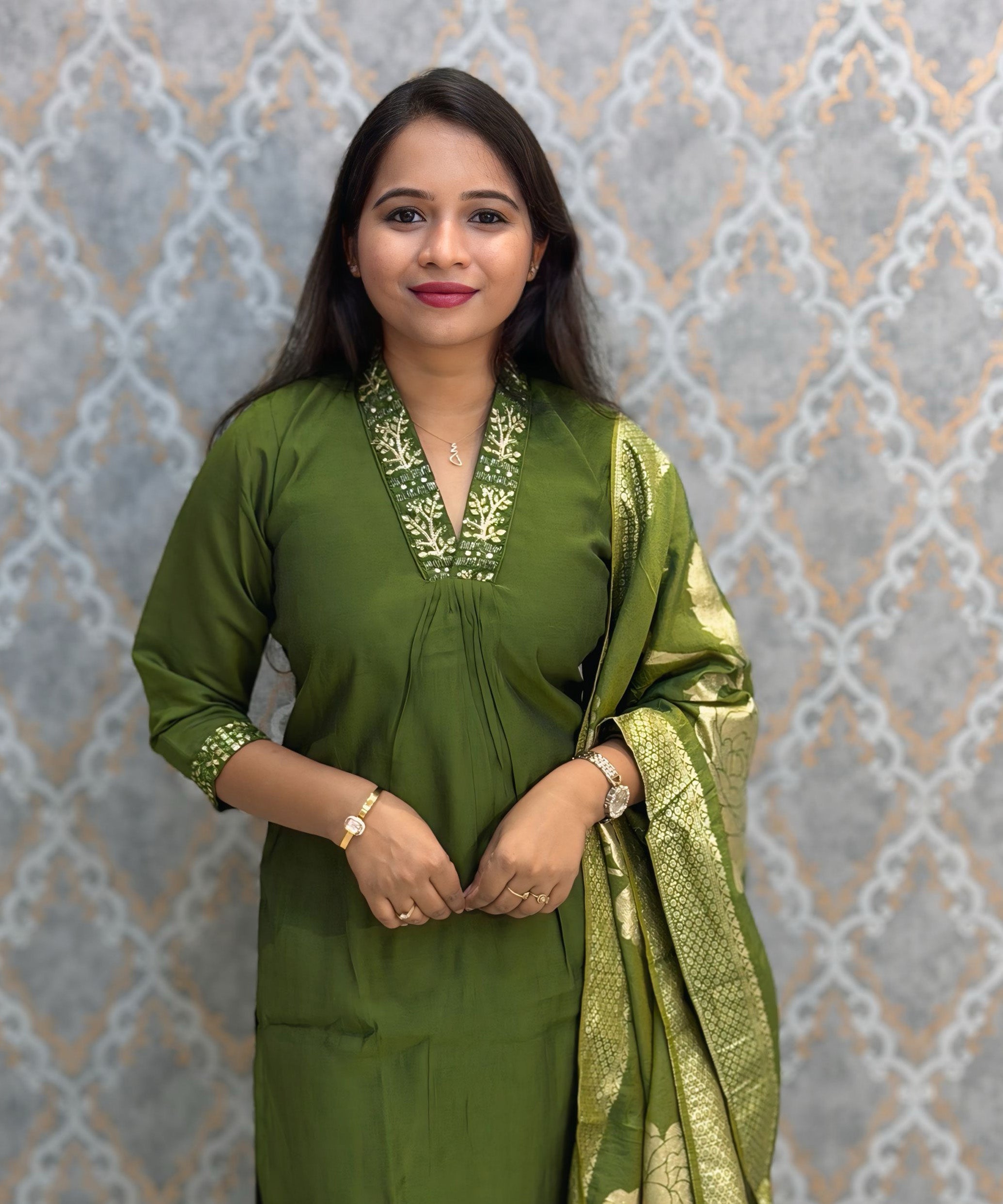 Green Color Premium Roman Silk Designer Ethnic 3 Piece Salwar Set with Lining /  ESS401