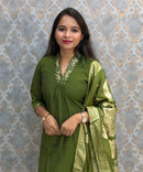 Green Color Premium Roman Silk Designer Ethnic 3 Piece Salwar Set with Lining /  ESS401