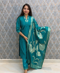 Rama Blue Color Premium Roman Silk Designer Ethnic 3 Piece Salwar Set with Lining /  ESS401