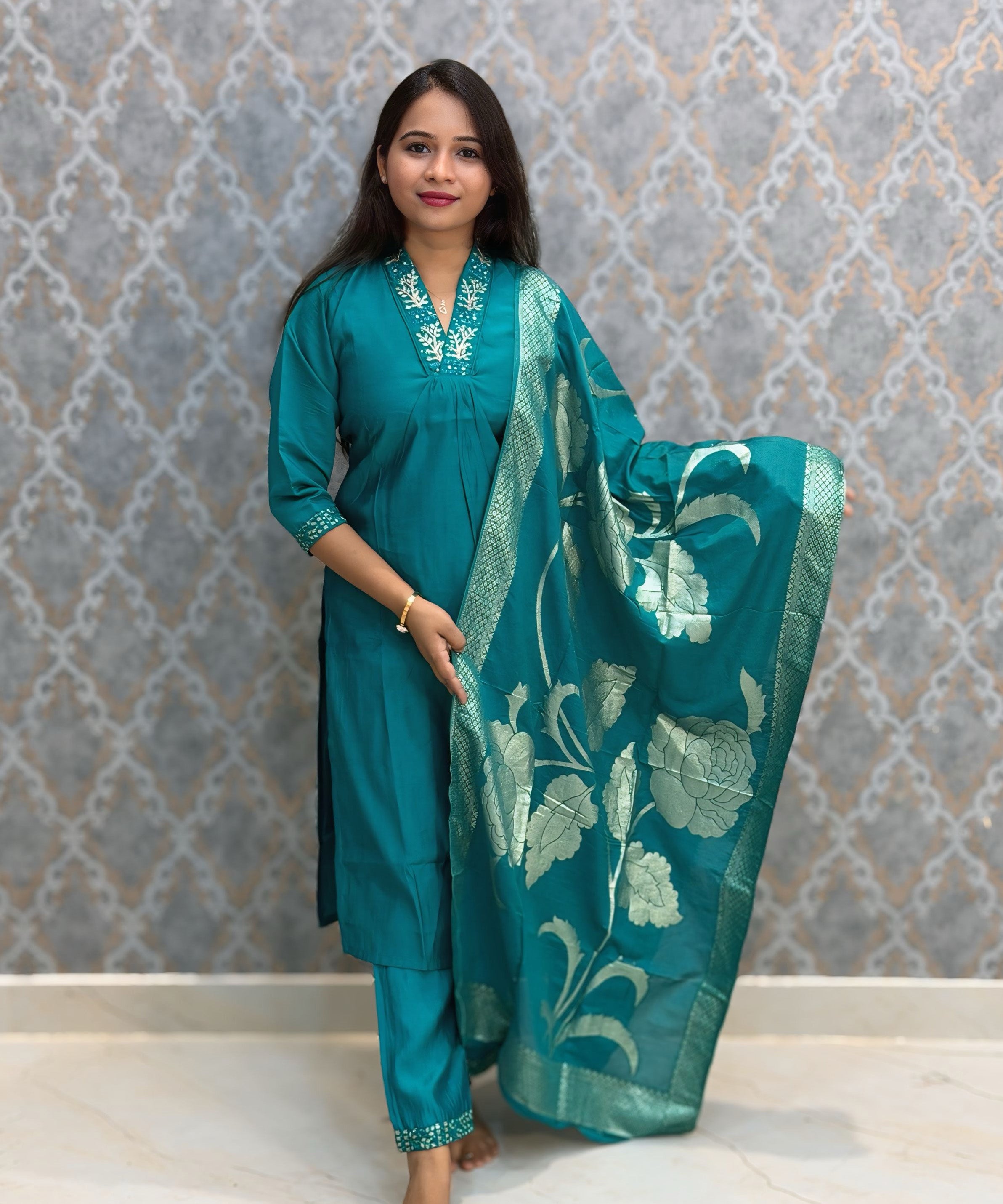 Rama Blue Color Premium Roman Silk Designer Ethnic 3 Piece Salwar Set with Lining /  ESS401