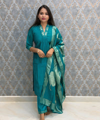 Rama Blue Color Premium Roman Silk Designer Ethnic 3 Piece Salwar Set with Lining /  ESS401