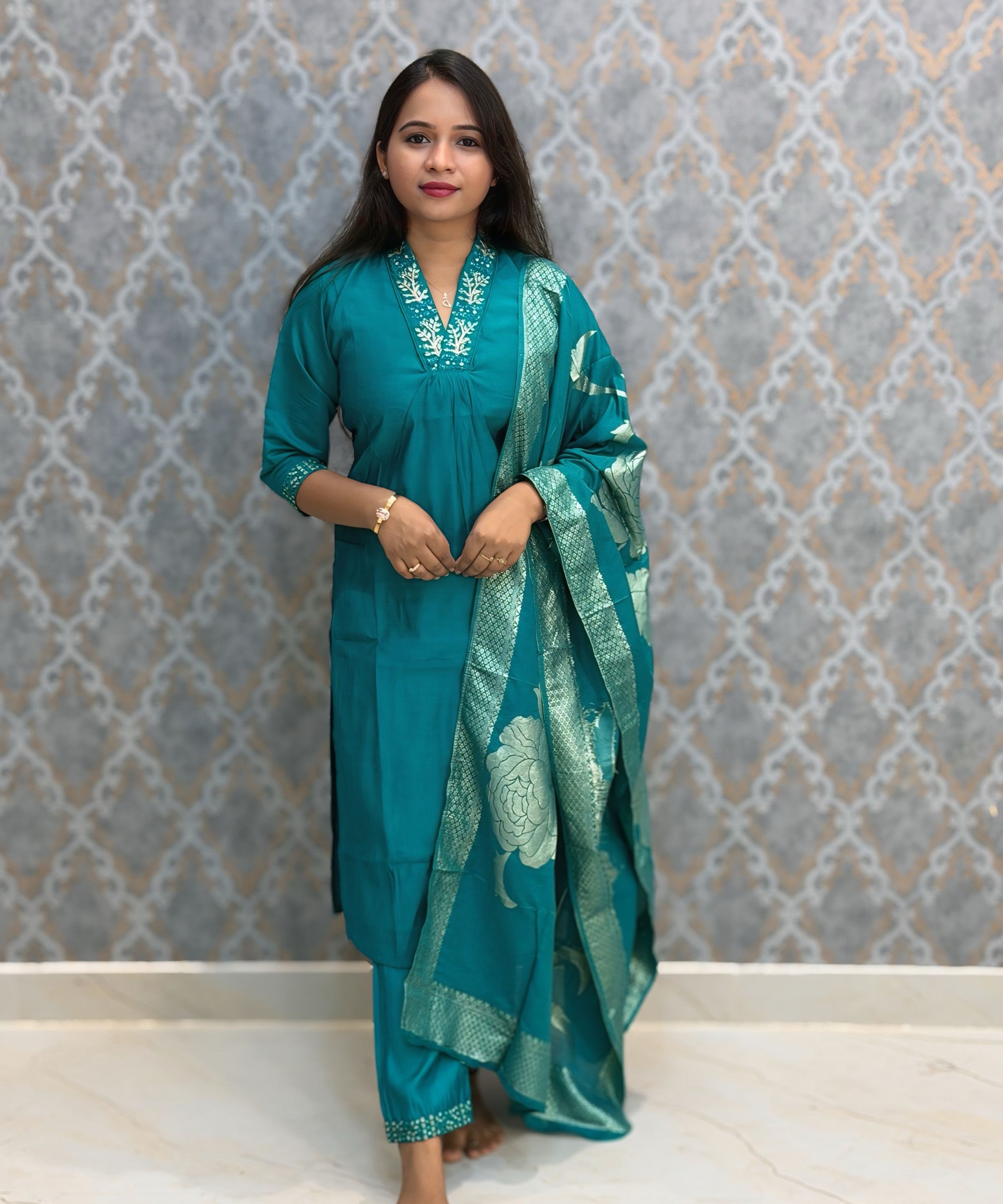Rama Blue Color Premium Roman Silk Designer Ethnic 3 Piece Salwar Set with Lining /  ESS401