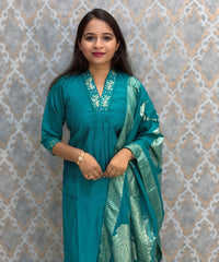 Rama Blue Color Premium Roman Silk Designer Ethnic 3 Piece Salwar Set with Lining /  ESS401