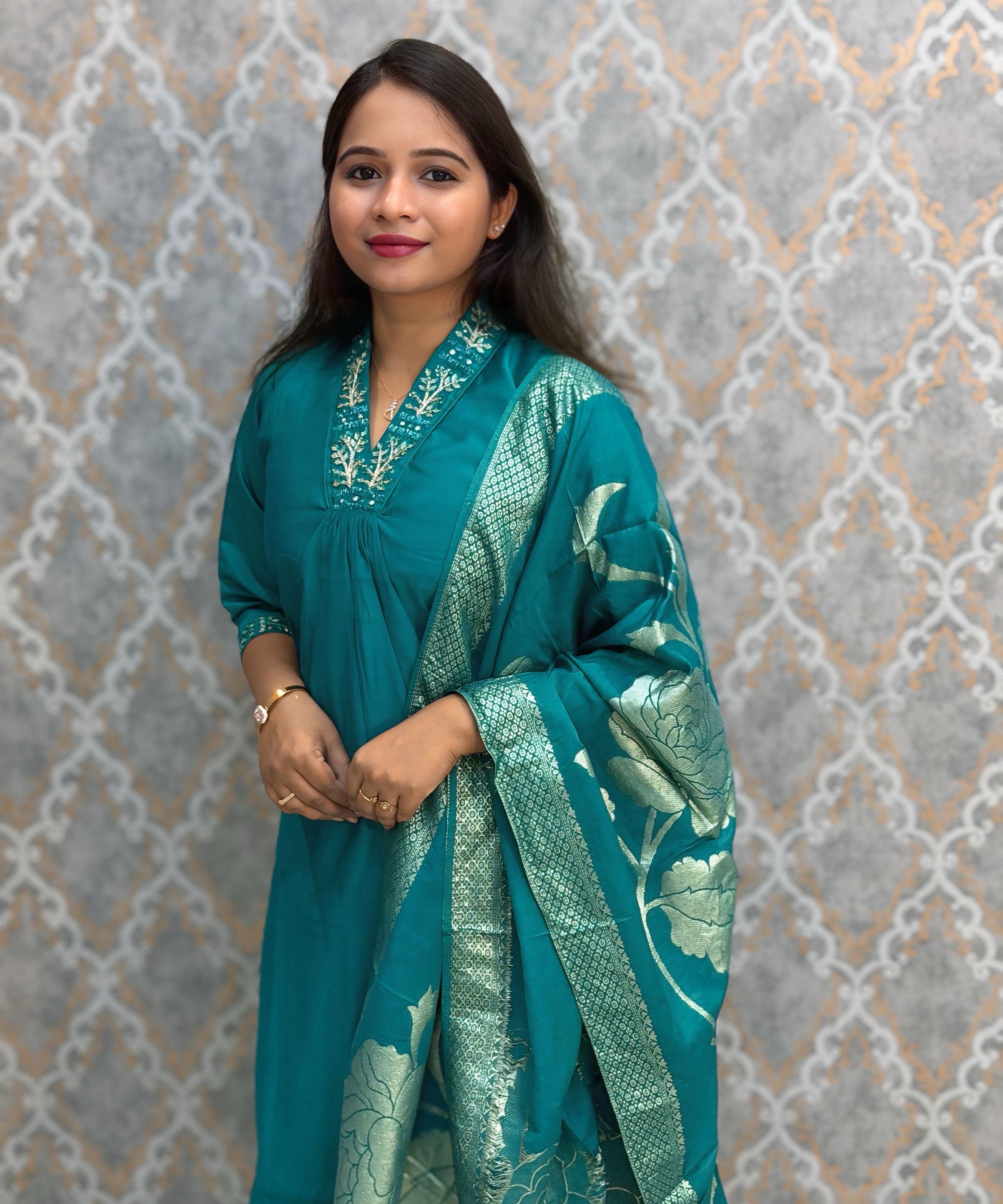 Rama Blue Color Premium Roman Silk Designer Ethnic 3 Piece Salwar Set with Lining /  ESS401