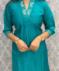 Rama Blue Color Premium Roman Silk Designer Ethnic 3 Piece Salwar Set with Lining /  ESS401
