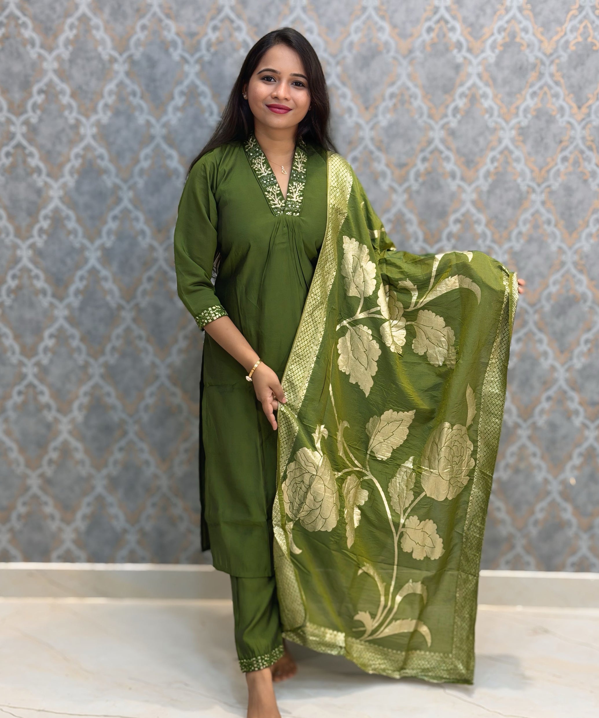 Green Color Premium Roman Silk Designer Ethnic 3 Piece Salwar Set with Lining /  ESS401